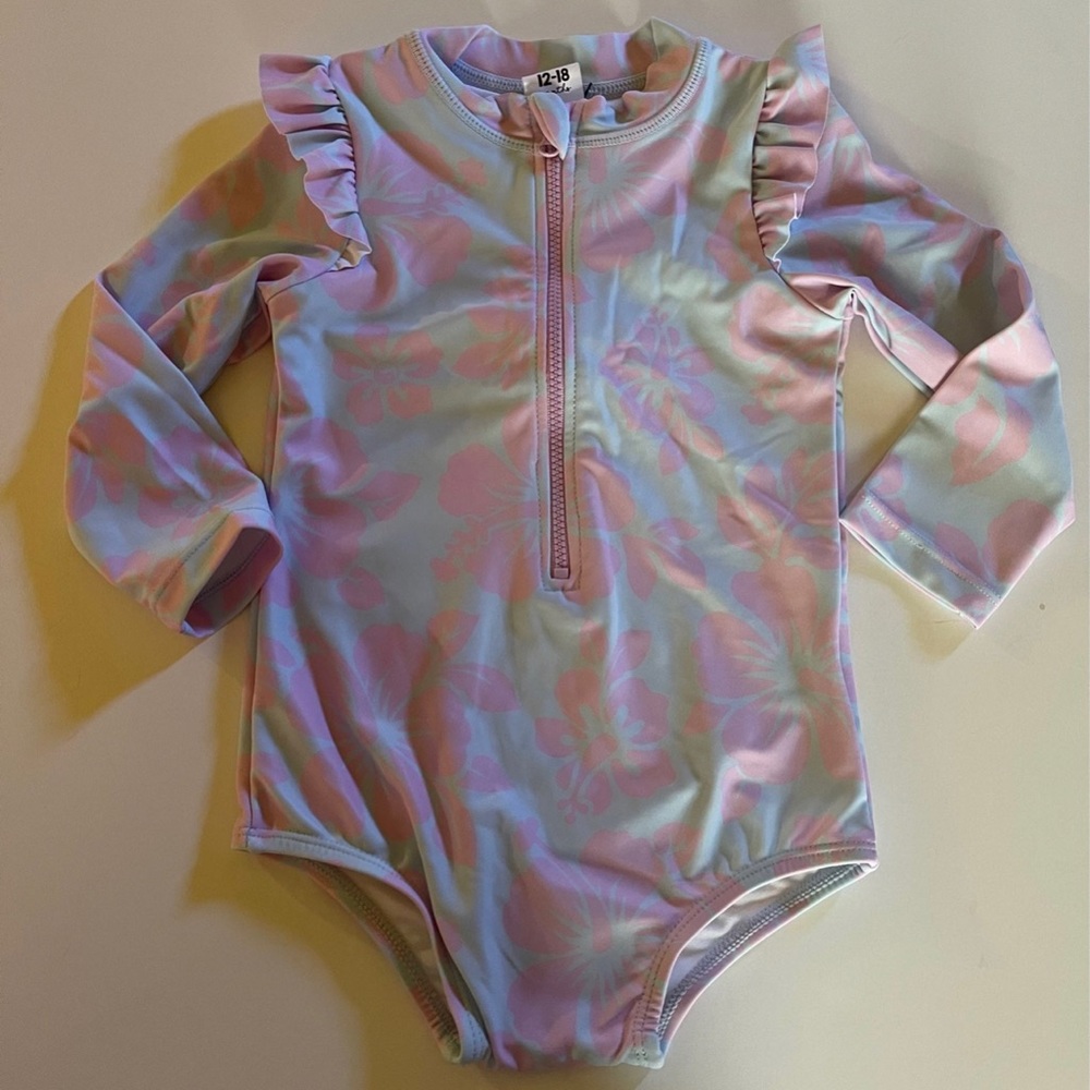 Rashguard one piece swimsuit baby girls 12 - 18 months - pretty Hibiscus flowers